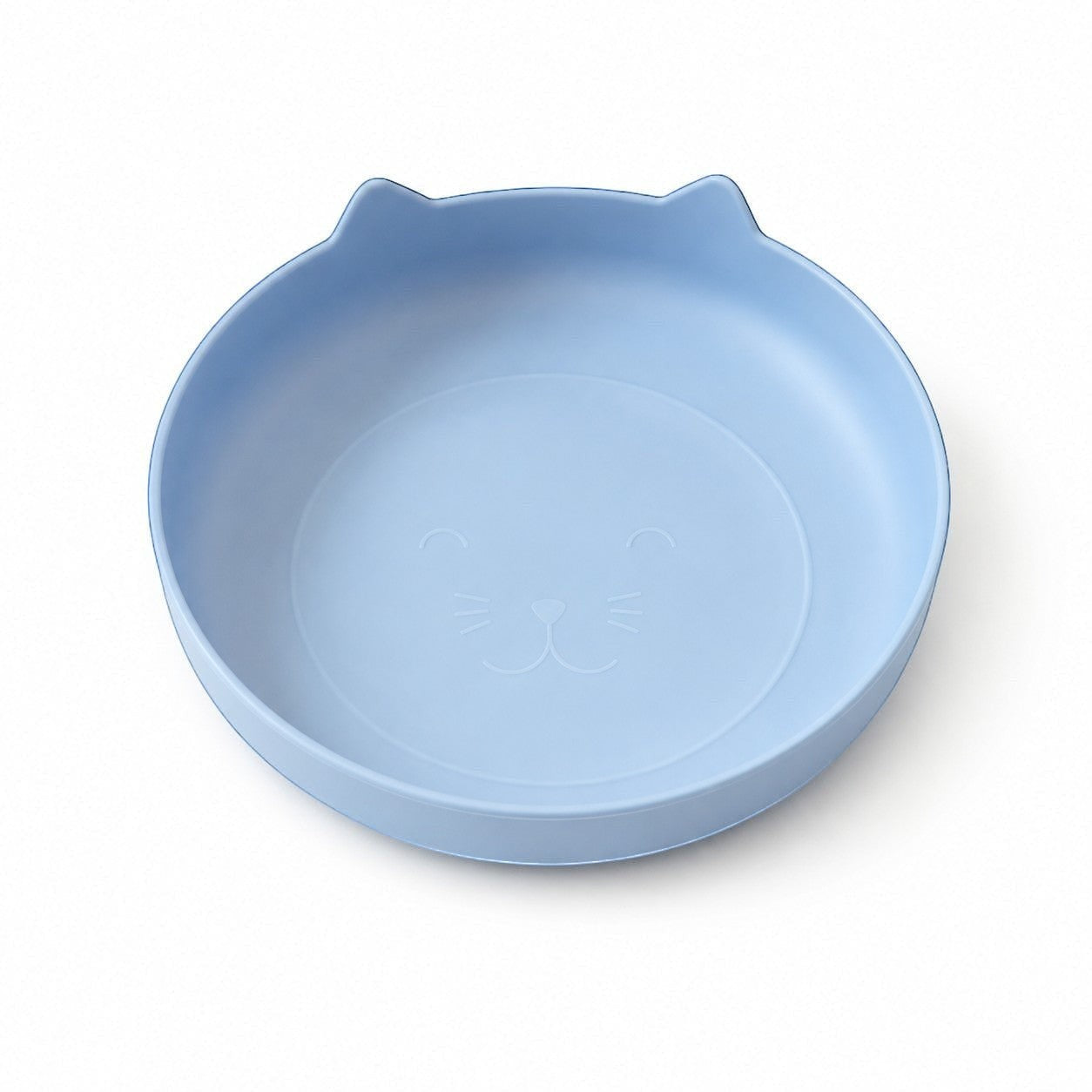 Tap2Own light blue cat-shaped pet food and water bowl with etched face and ears. Shallow, wide design reduces whisker fatigue.