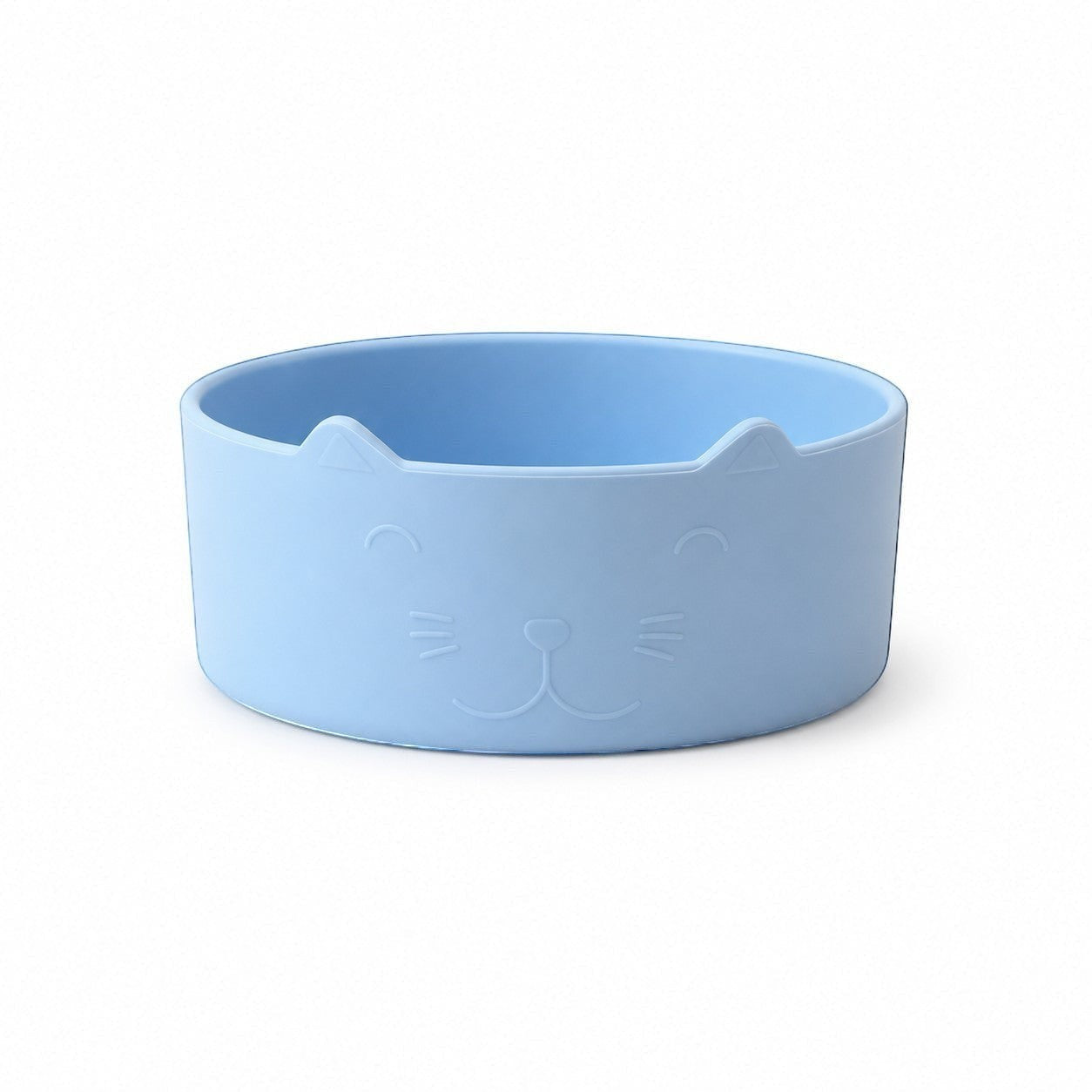Tap2Own light blue cat-shaped pet food and water bowl with etched face and ears. Shallow, wide design reduces whisker fatigue.