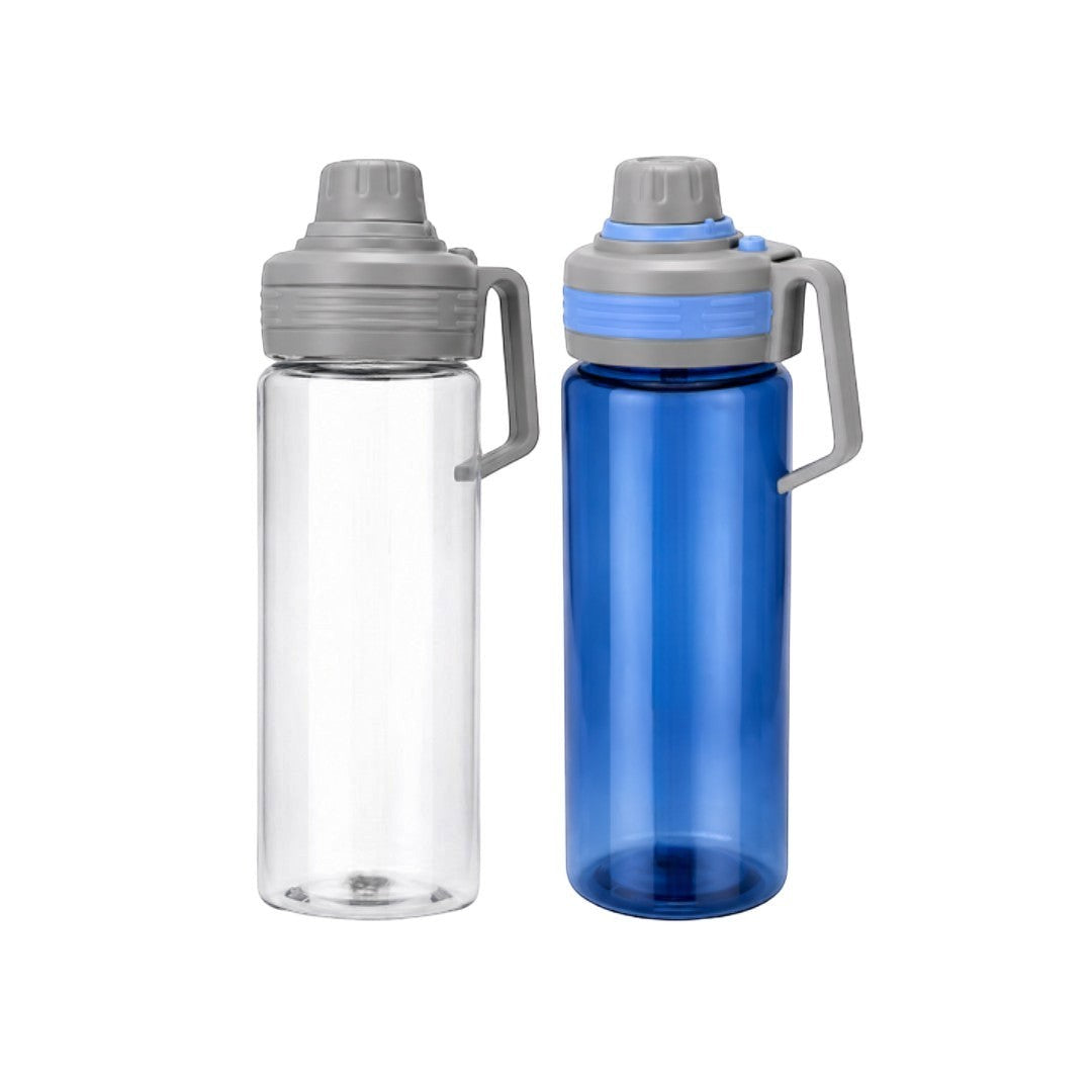 Tap2Own clear and blue BPA-free plastic water bottles with grey leak-proof lids and handles. 1.3L capacity, wide mouth for easy filling and cleaning.