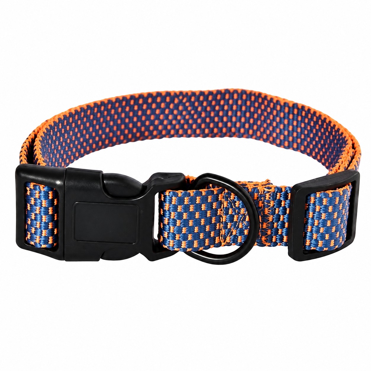 Tap2Own blue and orange woven nylon dog collar with quick-release buckle and D-ring.