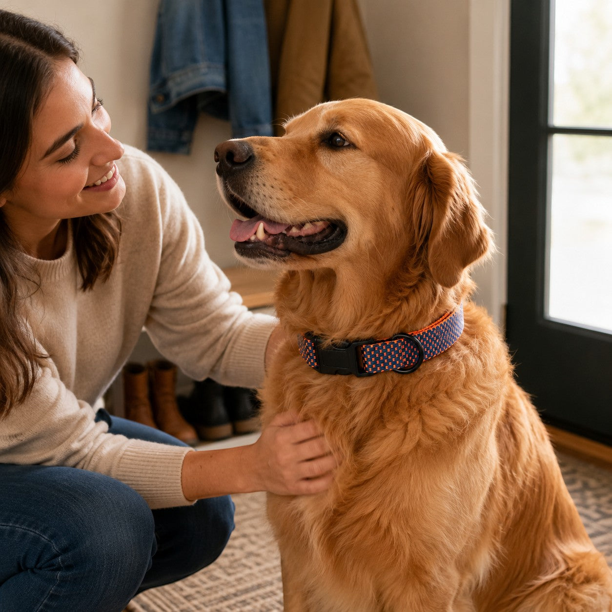 Tap2Own blue and orange woven dog collar with quick-release buckle on a golden retriever
