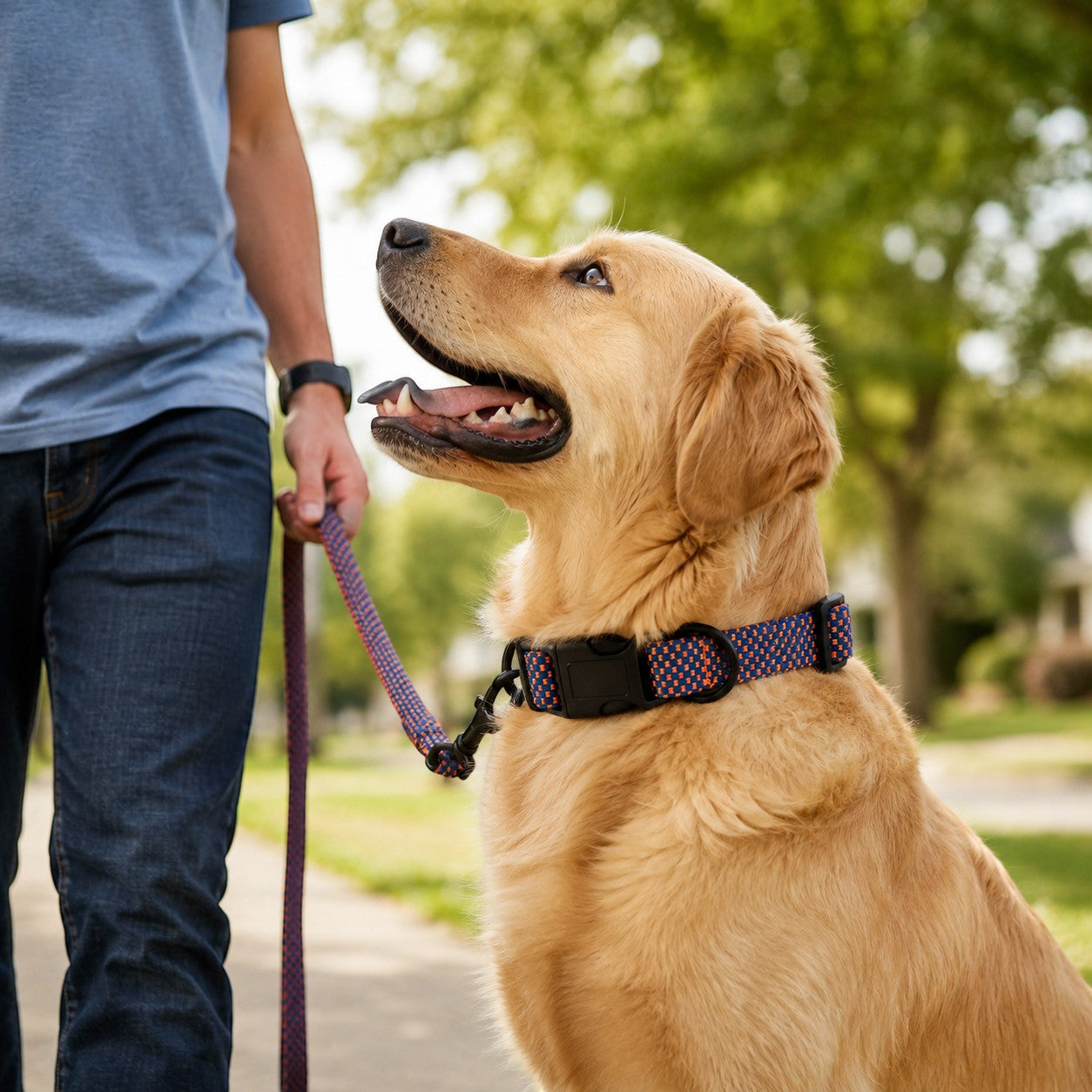 Tap2Own blue and orange woven dog collar with quick-release buckle and D-ring, worn by a golden retriever on a walk.