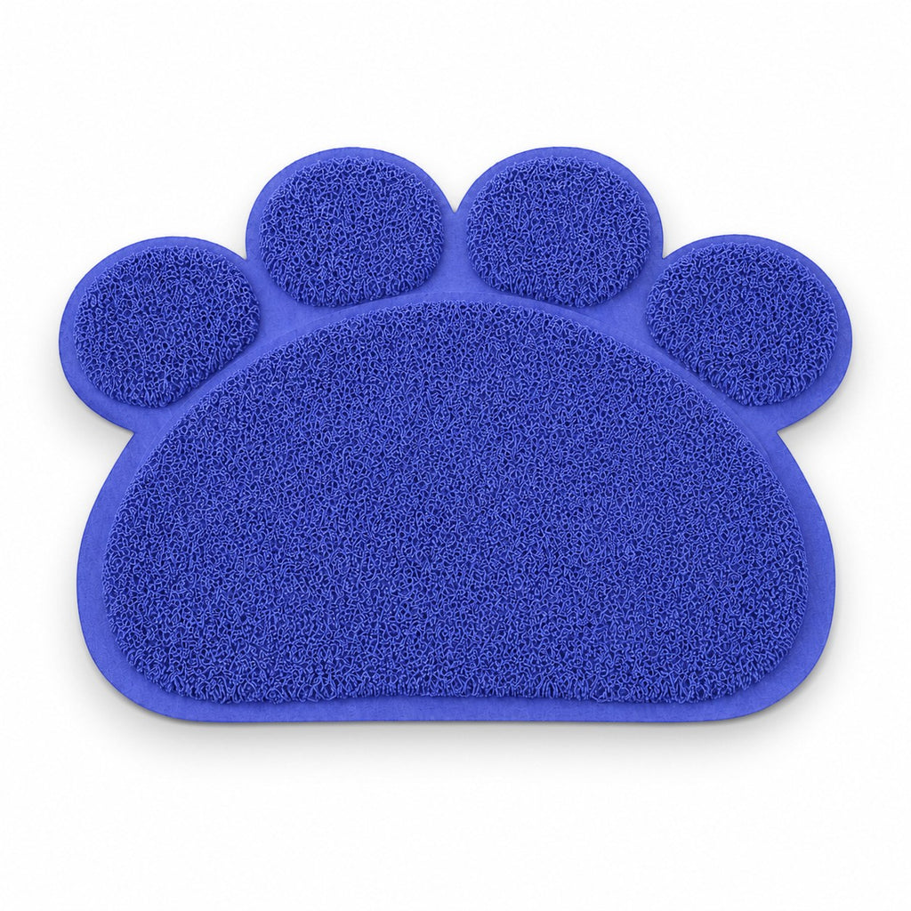 Tap2Own blue paw-shaped pet feeding mat for food and water bowls, made of waterproof material.
