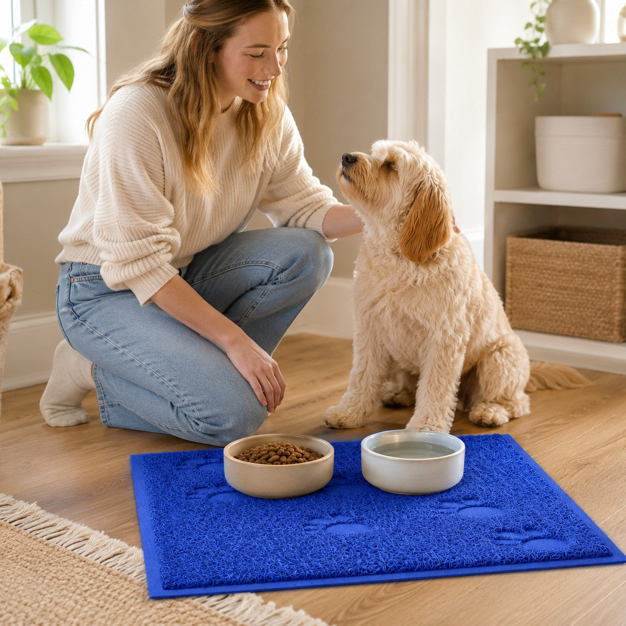 Tap2Own blue paw print textured pet food and water bowl mat with two bowls on top.