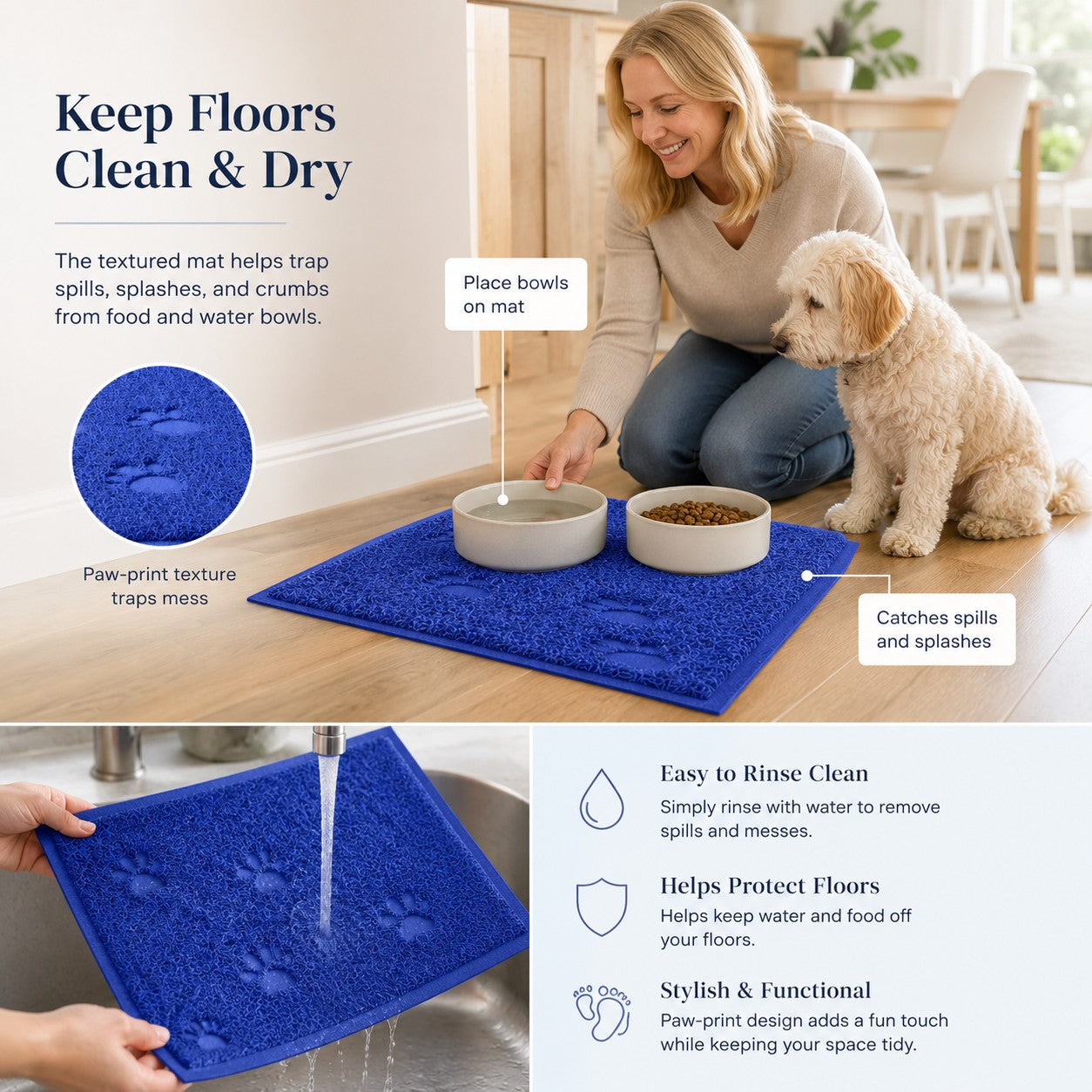 Tap2Own blue paw print textured pet food and water bowl mat catching spills and splashes. Easy to rinse clean.