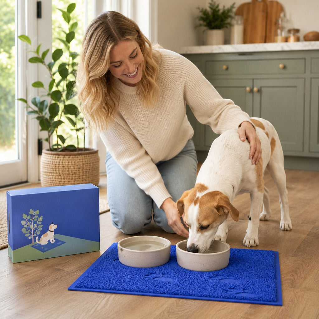 Tap2Own blue paw print textured pet food and water bowl mat with two bowls on top. A woman pets a dog.
