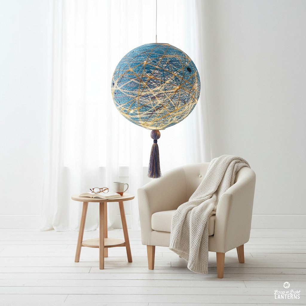 Tap2Own blue string lantern with gold accents and a tassel, illuminated and hanging in a cozy room setting.