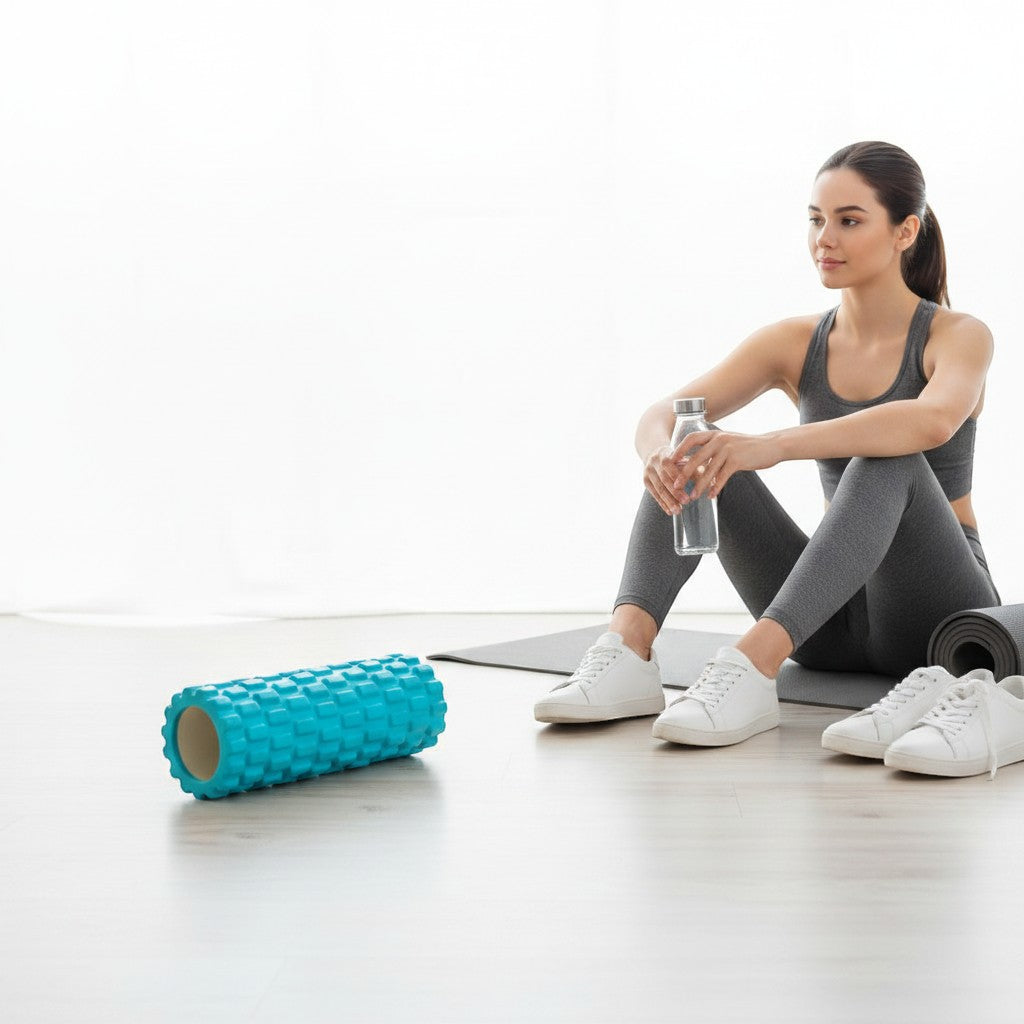 Tap2Own blue textured foam massage roller with grid pattern for deep tissue massage and muscle recovery.