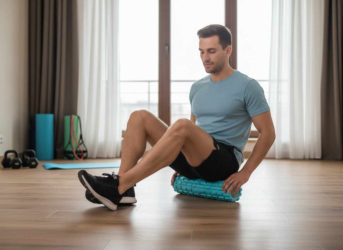 Tap2Own blue textured foam massage roller with grid pattern, used by a man for muscle recovery.