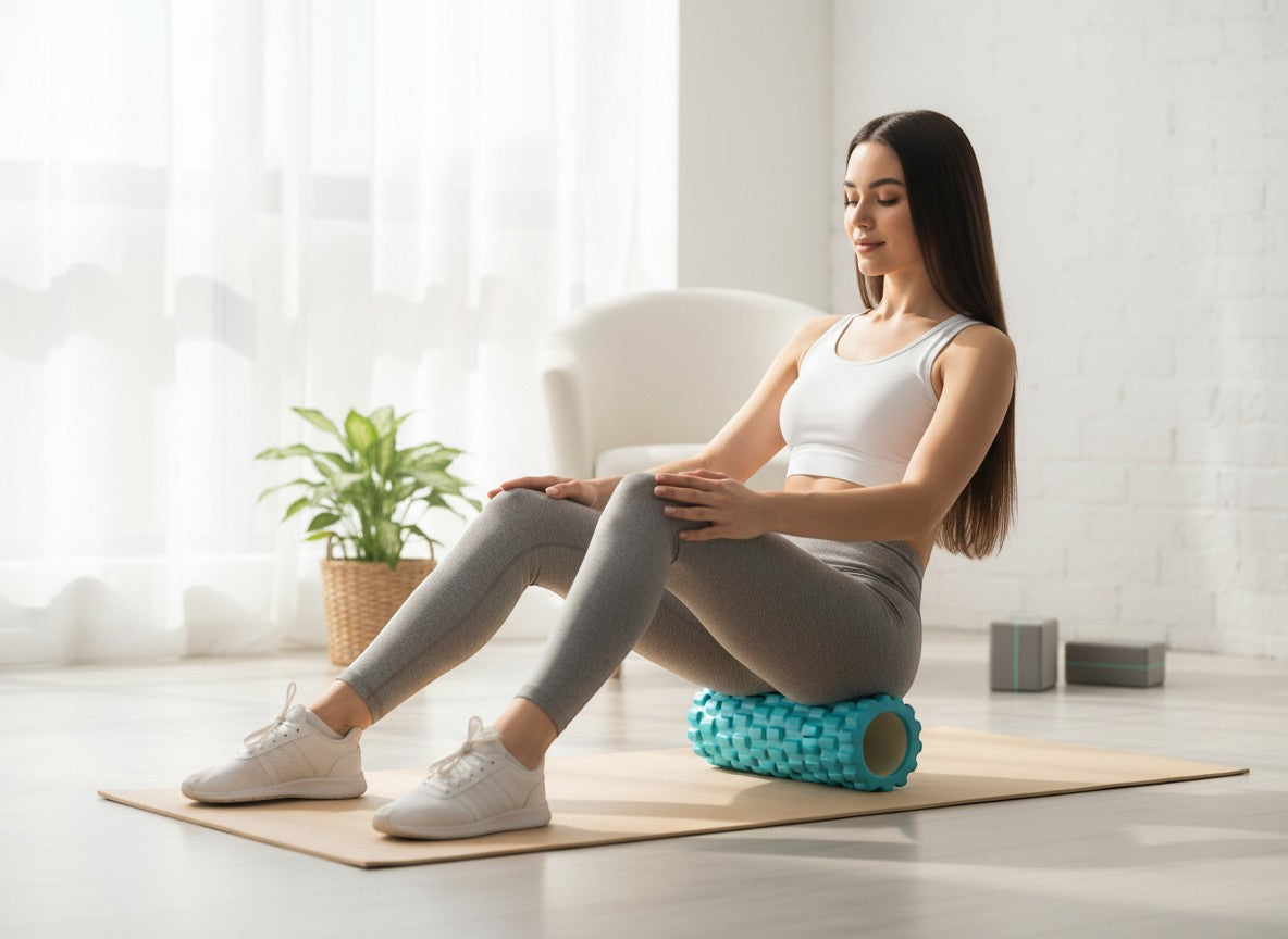 Tap2Own blue textured foam massage roller with grid pattern on yoga mat with woman using it for recovery.