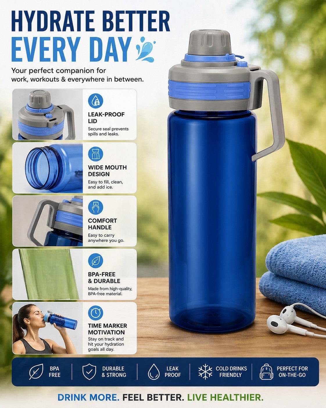 Tap2Own blue 1.3L durable water bottle with leak-proof lid, comfort handle, and wide mouth. BPA-free material.