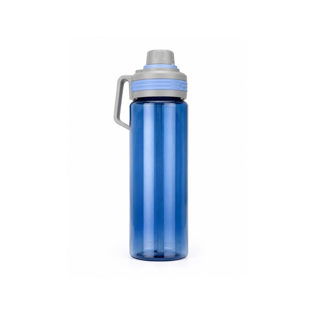 Tap2Own blue BPA-free plastic water bottle with grey and light blue leak-proof lid and carrying handle.