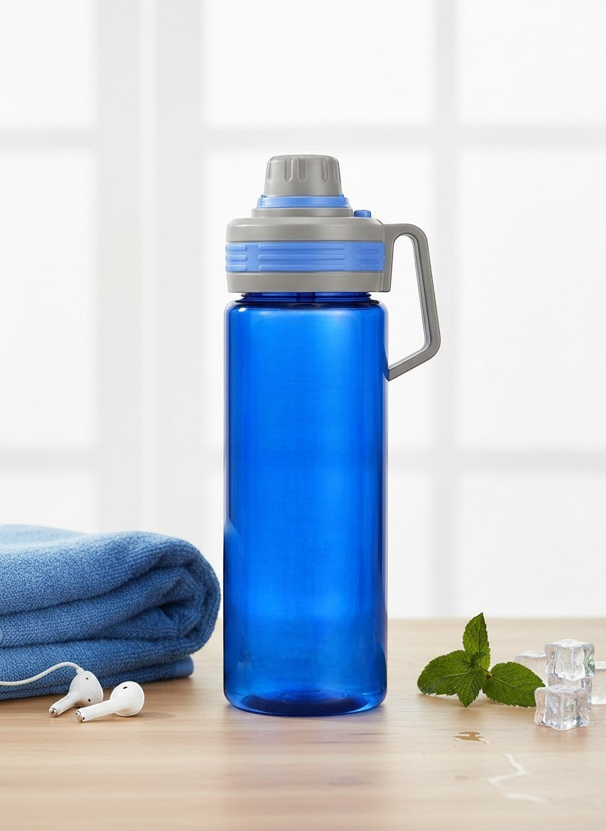 Tap2Own blue 1.3L durable water bottle with leak-proof lid and comfortable handle, ideal for workouts.