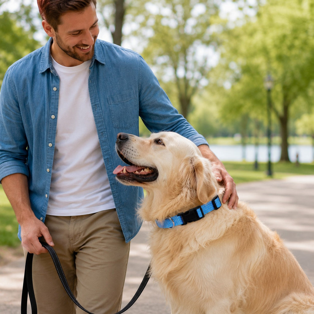 Tap2Own blue woven nylon dog collar with quick-release buckle on a golden retriever walking in a park with its owner.