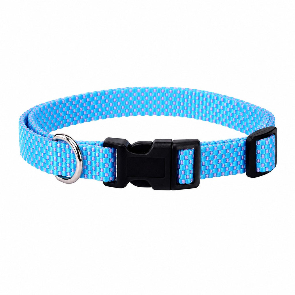 Tap2Own blue woven nylon dog collar with pink accents and black quick-release buckle