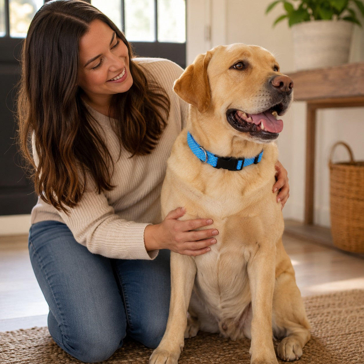 Tap2Own blue woven dog collar with black quick-release buckle on a yellow lab with a woman petting it.