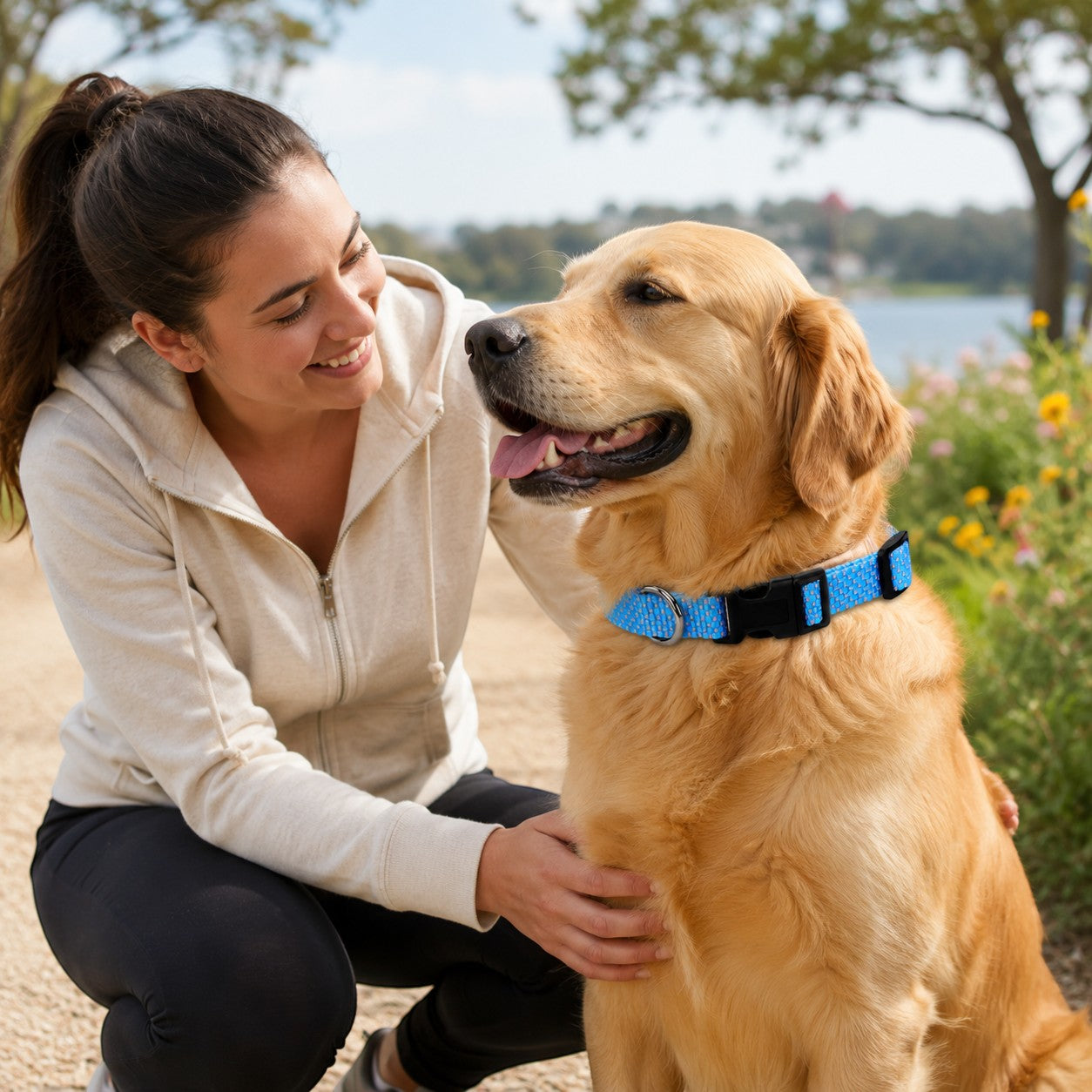 Tap2Own blue woven nylon dog collar with quick-release buckle and D-ring on a golden retriever.