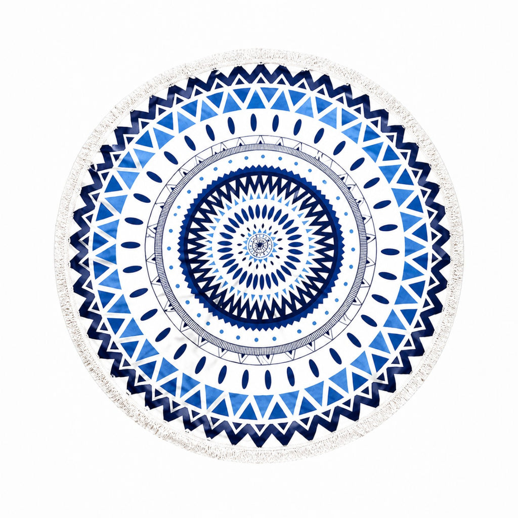 Tap2Own round beach towel with blue and white mandala pattern and fringe detail.