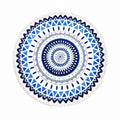 Tap2Own round beach towel with blue and white mandala pattern and fringe detail.