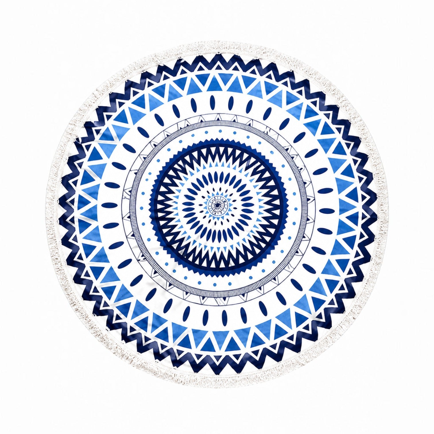 Tap2Own round beach towel with blue and white mandala pattern and fringe detail.