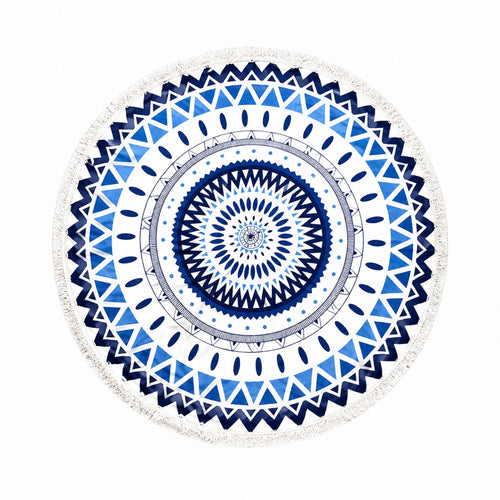 Tap2Own round beach towel with blue and white mandala pattern and fringe detail.