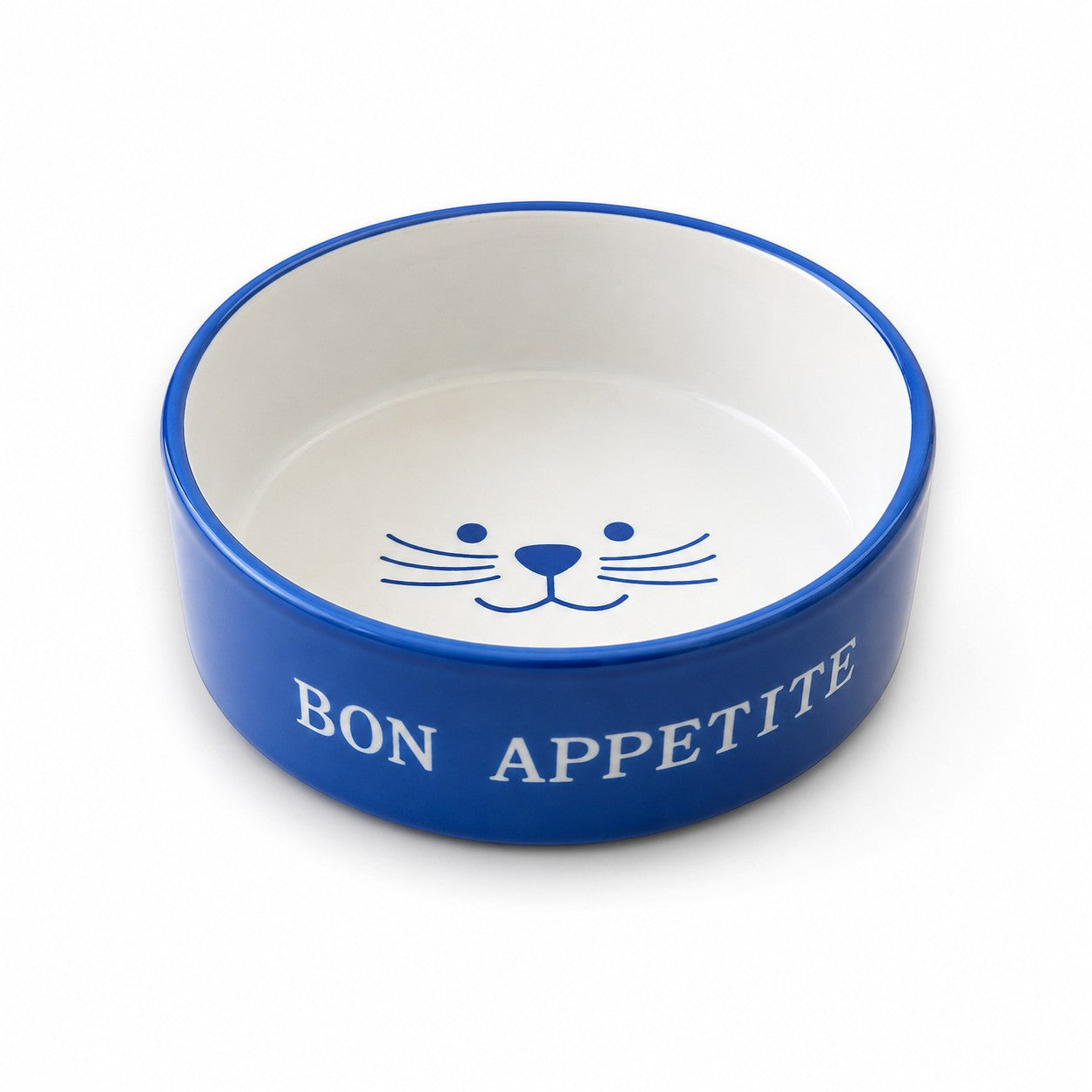 Tap2Own blue ceramic cat food and water bowl with "Bon Appetit" text and cat face graphic.