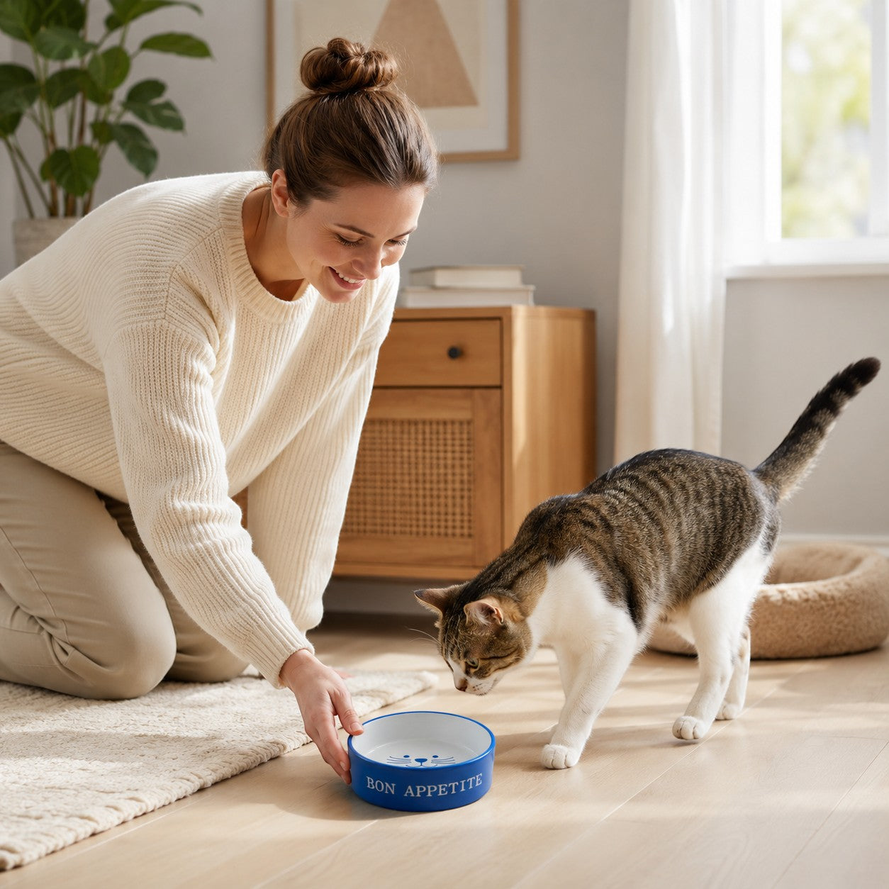 Tap2Own blue ceramic cat food and water bowl with "Bon Appetit" text and cat face graphic.