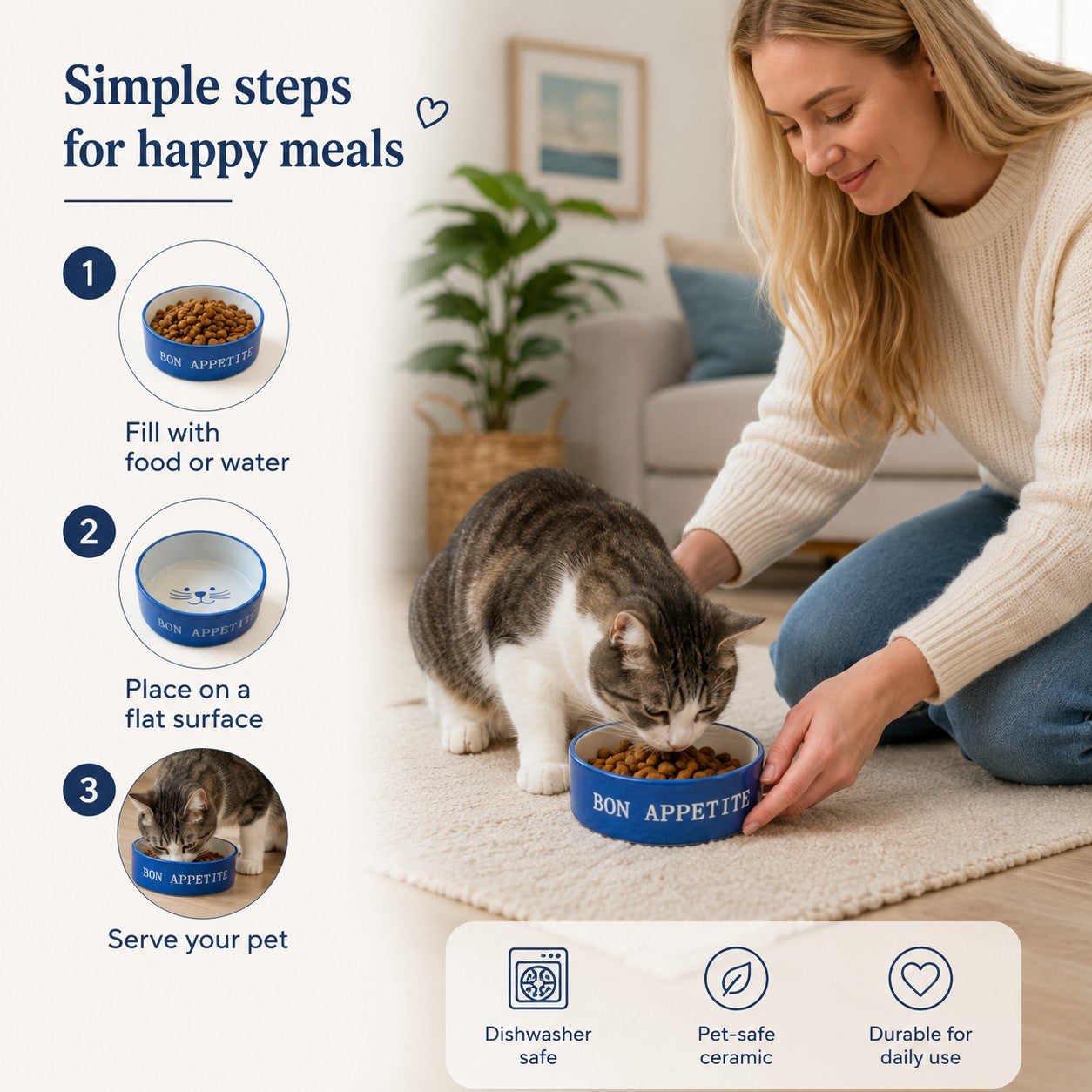 Tap2Own blue ceramic cat food and water bowl with 'Bon Appetit' text and cat face graphic. Dishwasher safe.