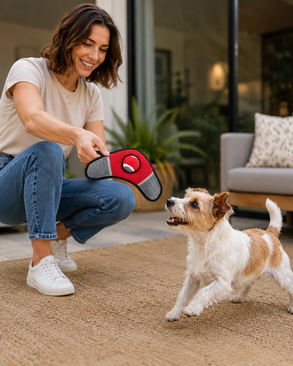 Tap2Own red and grey boomerang dog toy with a tennis ball, held by a woman playing with a dog.