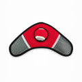 Tap2Own red boomerang dog toy with grey mesh sides and a tennis ball in the center. Durable and chew-resistant.