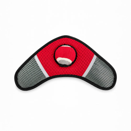Tap2Own red boomerang dog toy with grey mesh sides and a tennis ball in the center. Durable and chew-resistant.