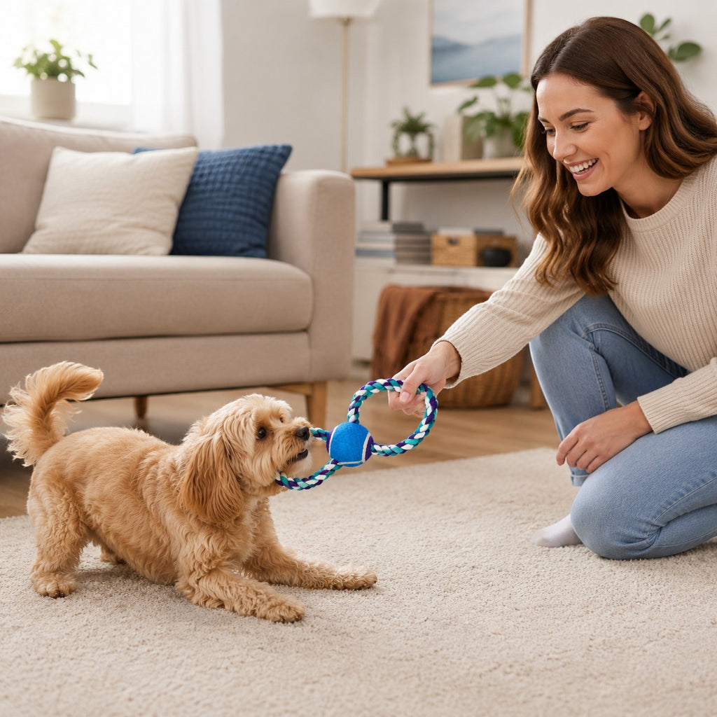 Tap2Own braided rope dog toy with blue tennis ball, multi-colored rope, figure-eight design for tug-of-war and fetch.