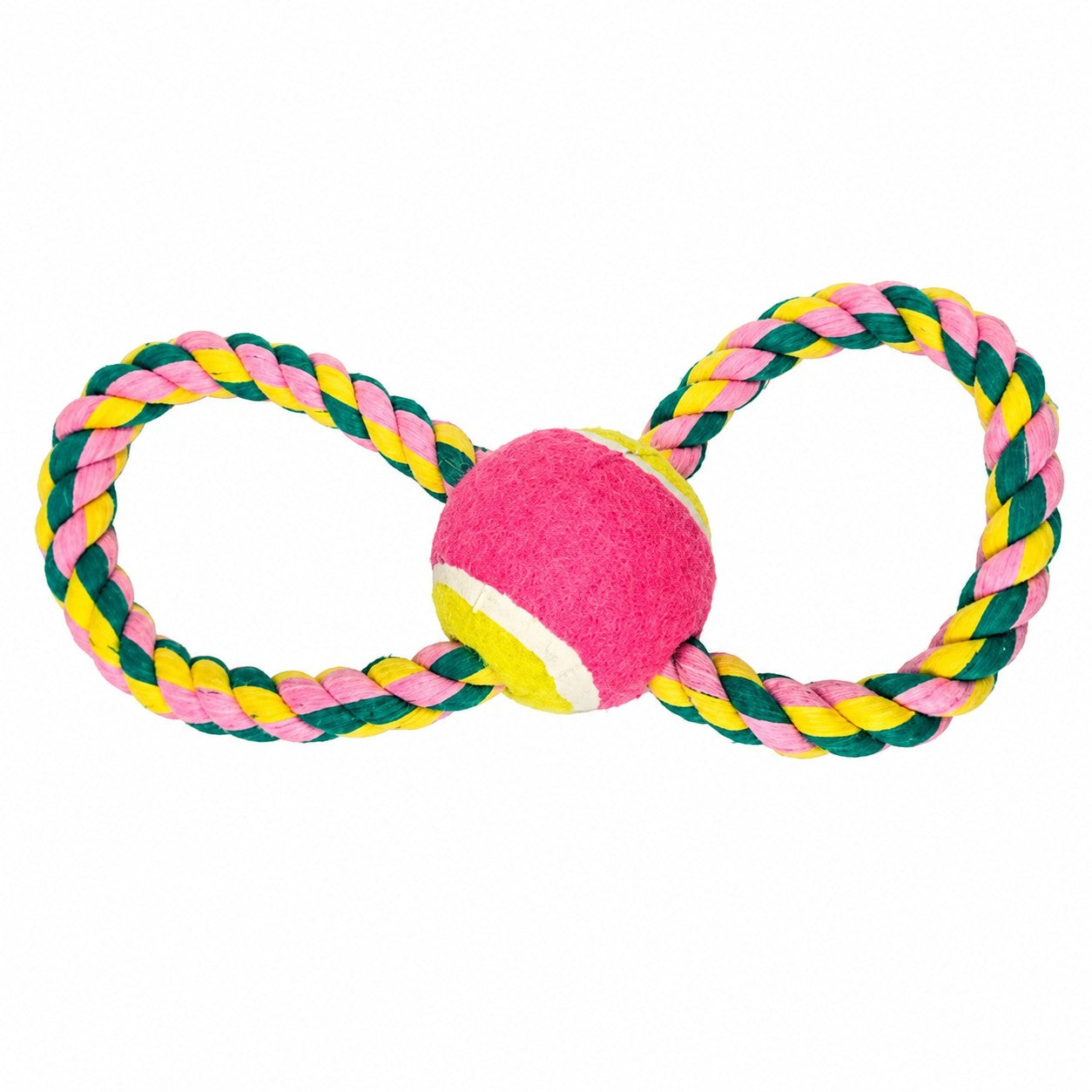 Tap2Own multi-colored braided rope dog toy with a pink and yellow tennis ball in a figure-eight design.
