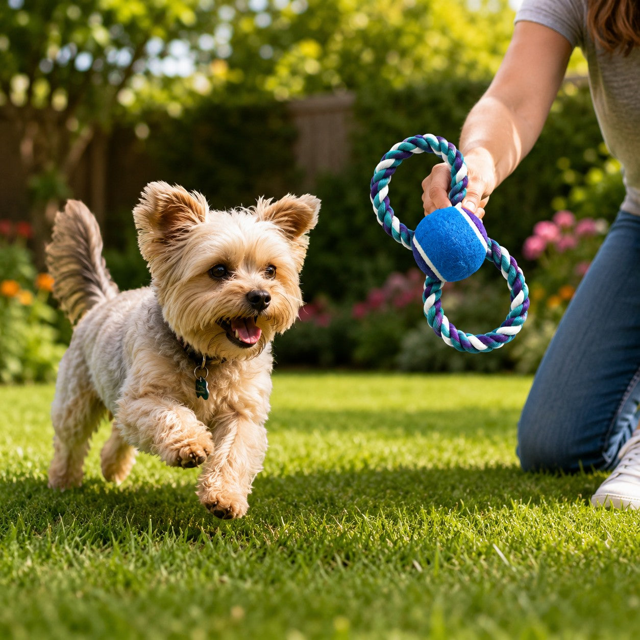 Tap2Own multi-colored braided rope dog toy with a blue tennis ball, designed for tug-of-war and fetch.