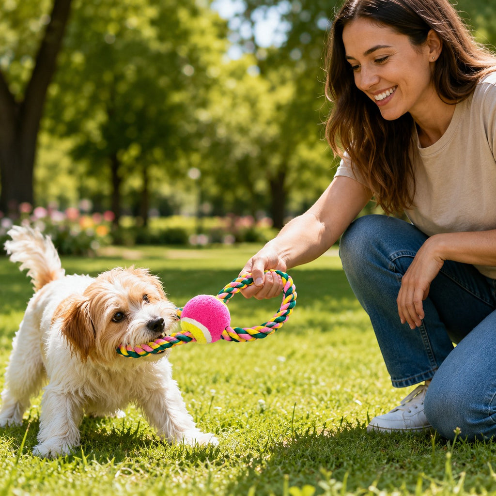 Tap2Own multi-colored braided rope dog toy with tennis ball, being played with by a woman and a dog in a park.
