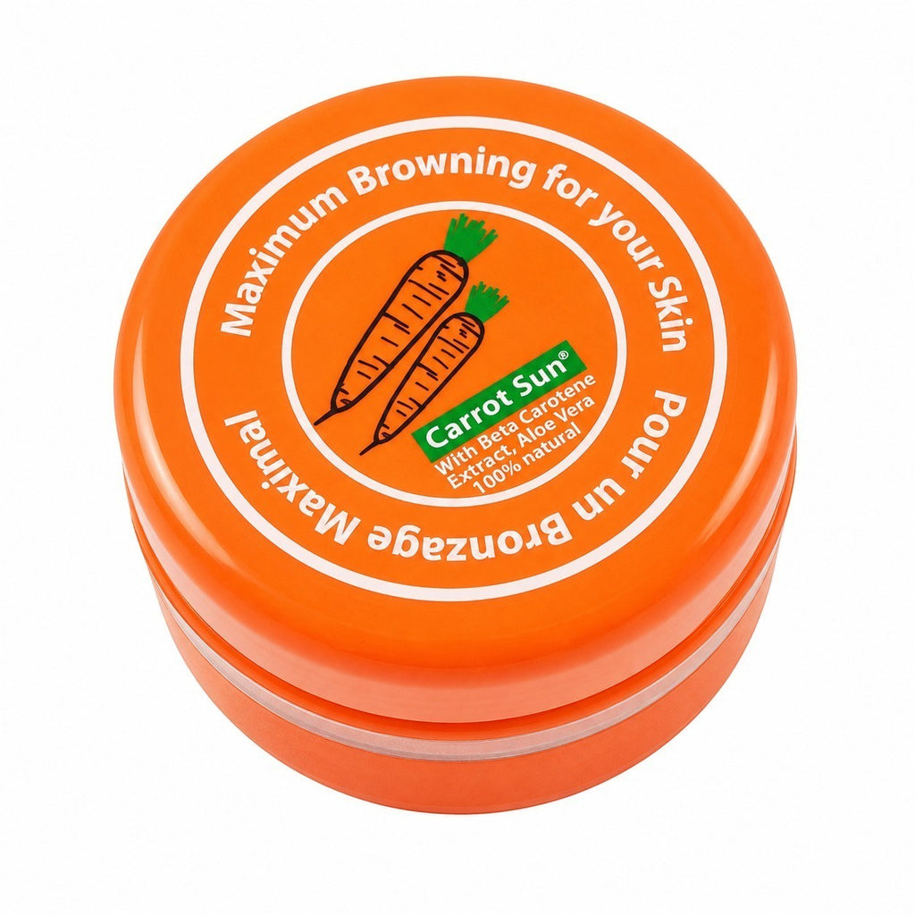 Tap2Own Carrot Sun natural tanning cream in a round orange jar with carrot illustration and beta-carotene label