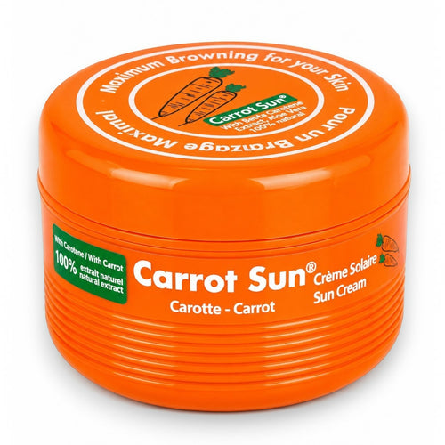 Tap2Own Carrot Sun natural tanning cream in a bright orange jar with carrot extract and beta-carotene formula.
