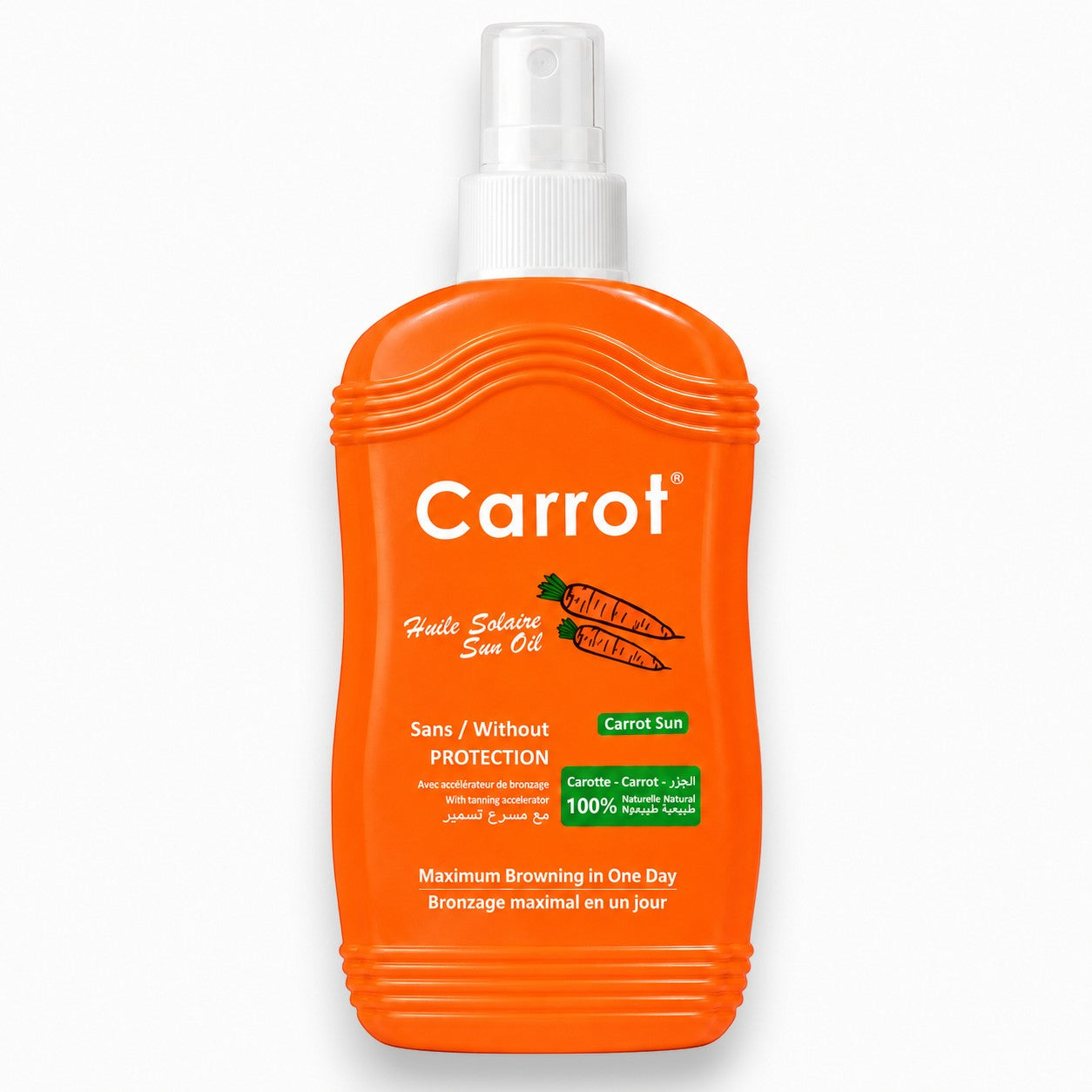 Tap2Own Carrot Sun natural tanning oil spray bottle in bright orange packaging for a deep golden tan