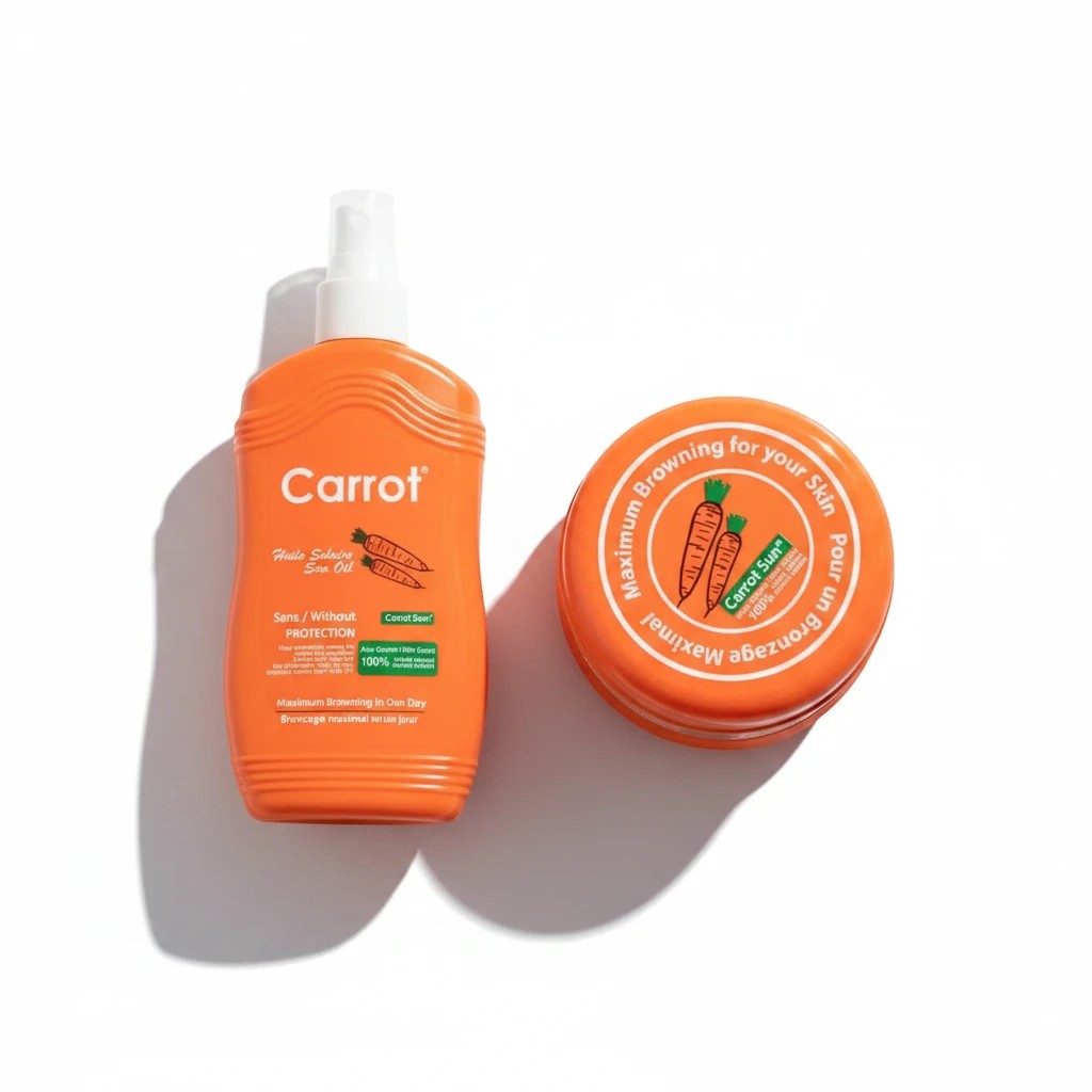 Tap2Own Carrot Sun natural tanning cream jar and sun oil spray bottle for a deep golden glow
