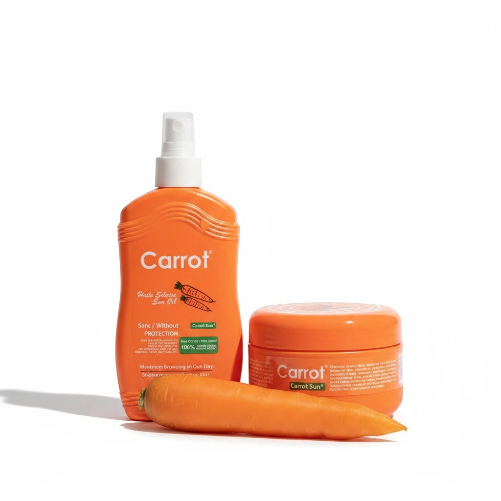 Tap2Own Carrot Sun natural tanning cream and oil set with a fresh carrot on a white background.