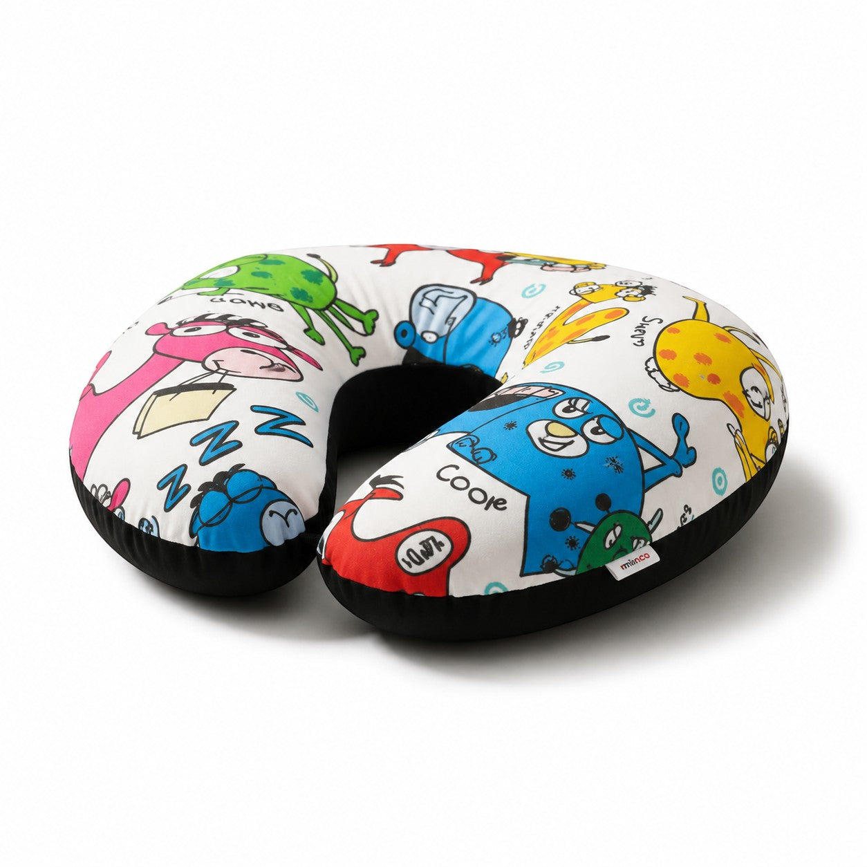 Tap2Own Cartoon Character Travel Neck Pillow, U-shaped plush pillow with colorful cartoon monsters and text, perfect for kids' travel comfort.
