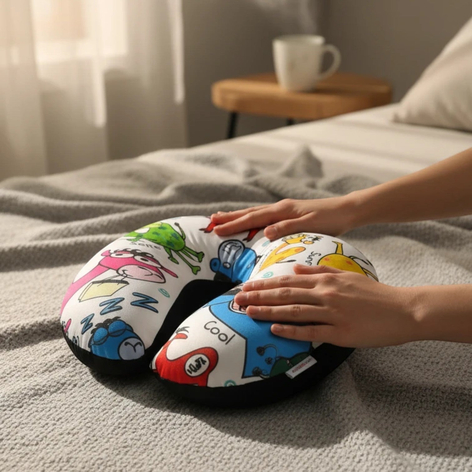 Tap2Own Cartoon Character Travel Neck Pillow with colorful cartoon animals and vehicles, U-shaped plush pillow for kids.