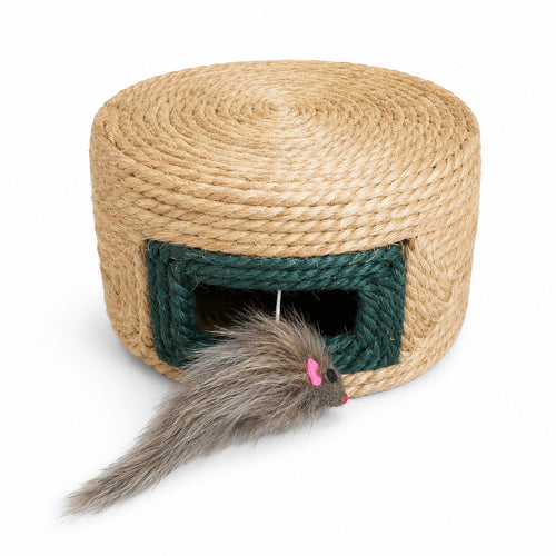 Tap2Own natural jute rope woven cat activity house with green trim and dangling mouse toy.