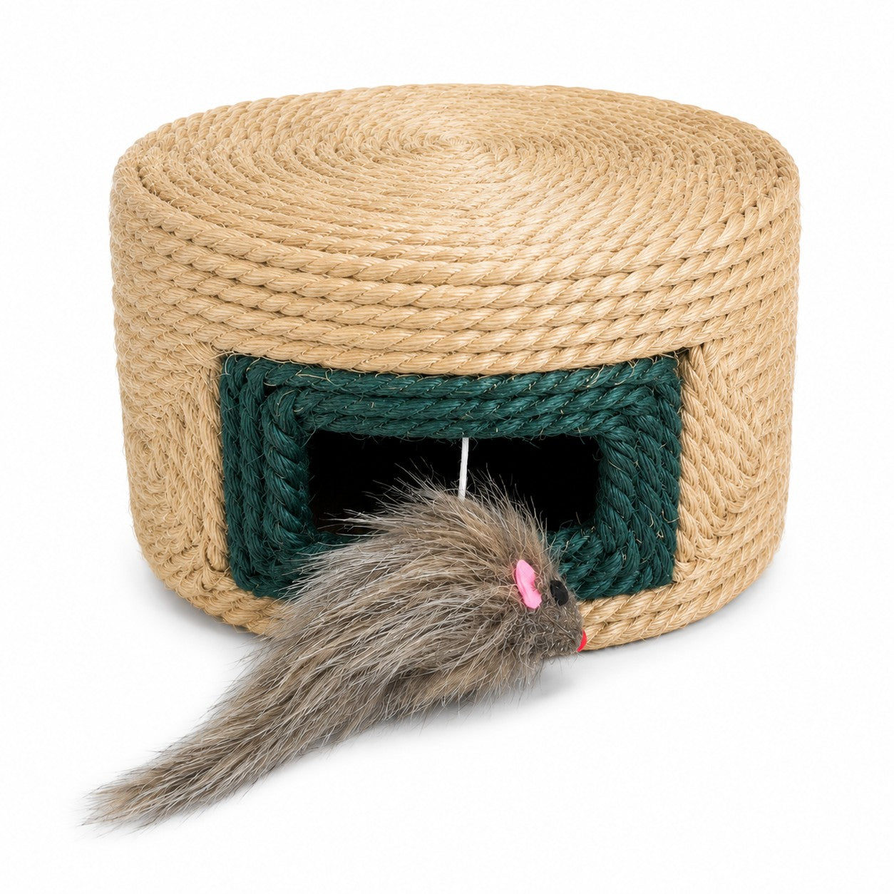 Tap2Own natural jute rope woven cat activity house with green trim and dangling mouse toy