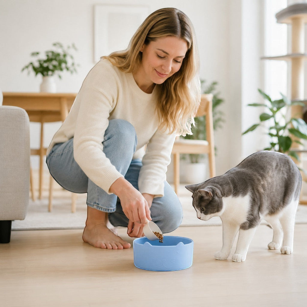 Tap2Own light blue cat-shaped pet food bowl with etched face, shallow and wide design for whisker relief.