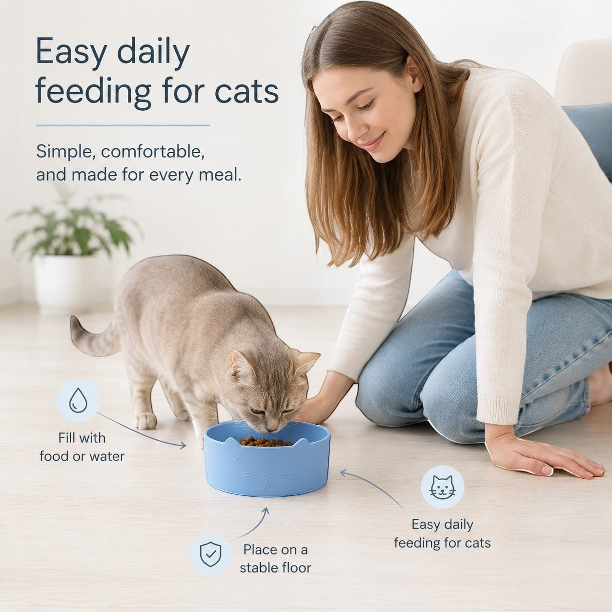 Tap2Own light blue cat-shaped pet food bowl with etched face and ears, shown with a cat eating from it.