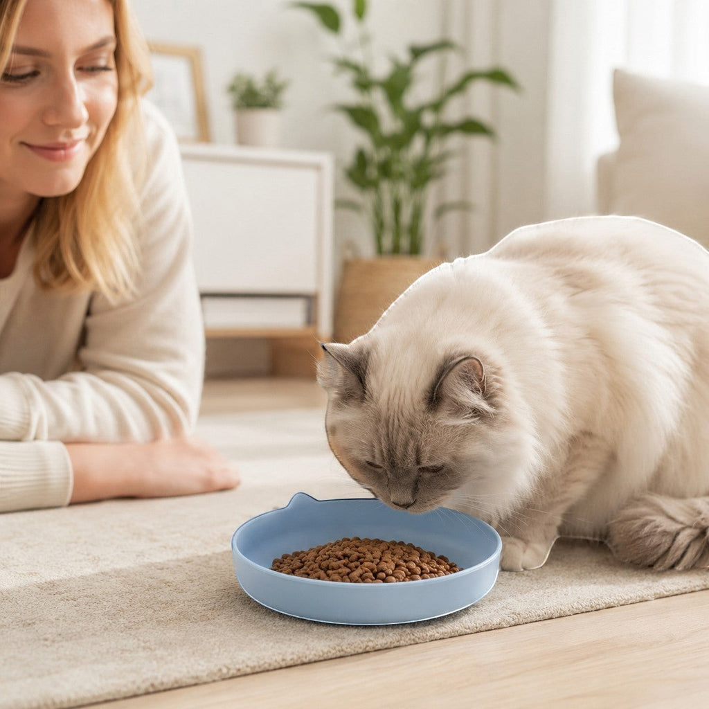 Tap2Own light blue cat-shaped pet food bowl with cat ears, shallow and wide design for whisker relief.