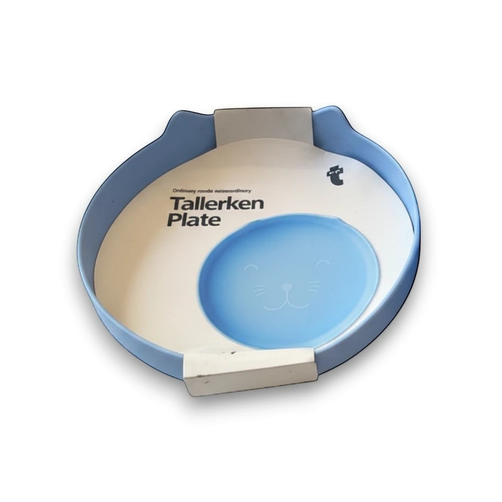 Tap2Own light blue cat-shaped pet food and water bowl with etched face and ears. Shallow, wide design reduces whisker fatigue.