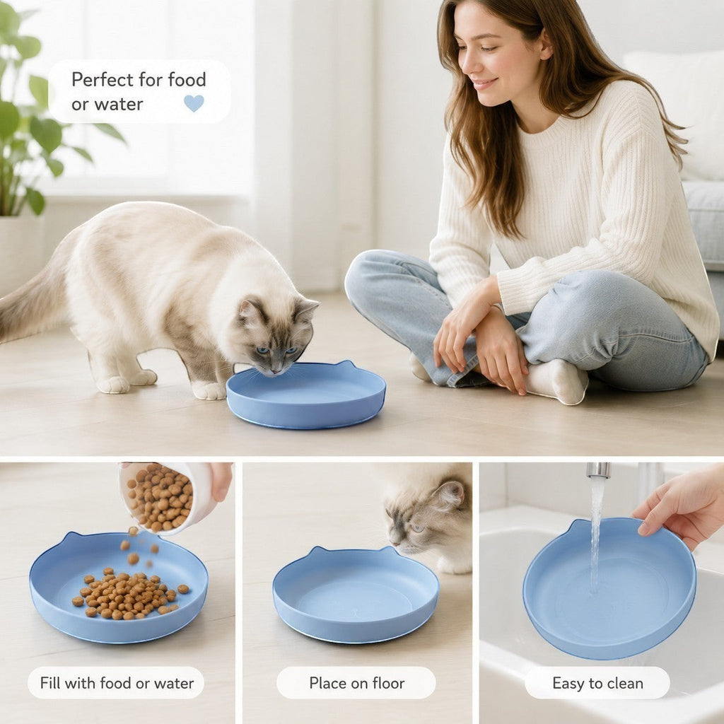 Tap2Own light blue cat shaped pet food and water bowl with shallow, wide design to reduce whisker fatigue.