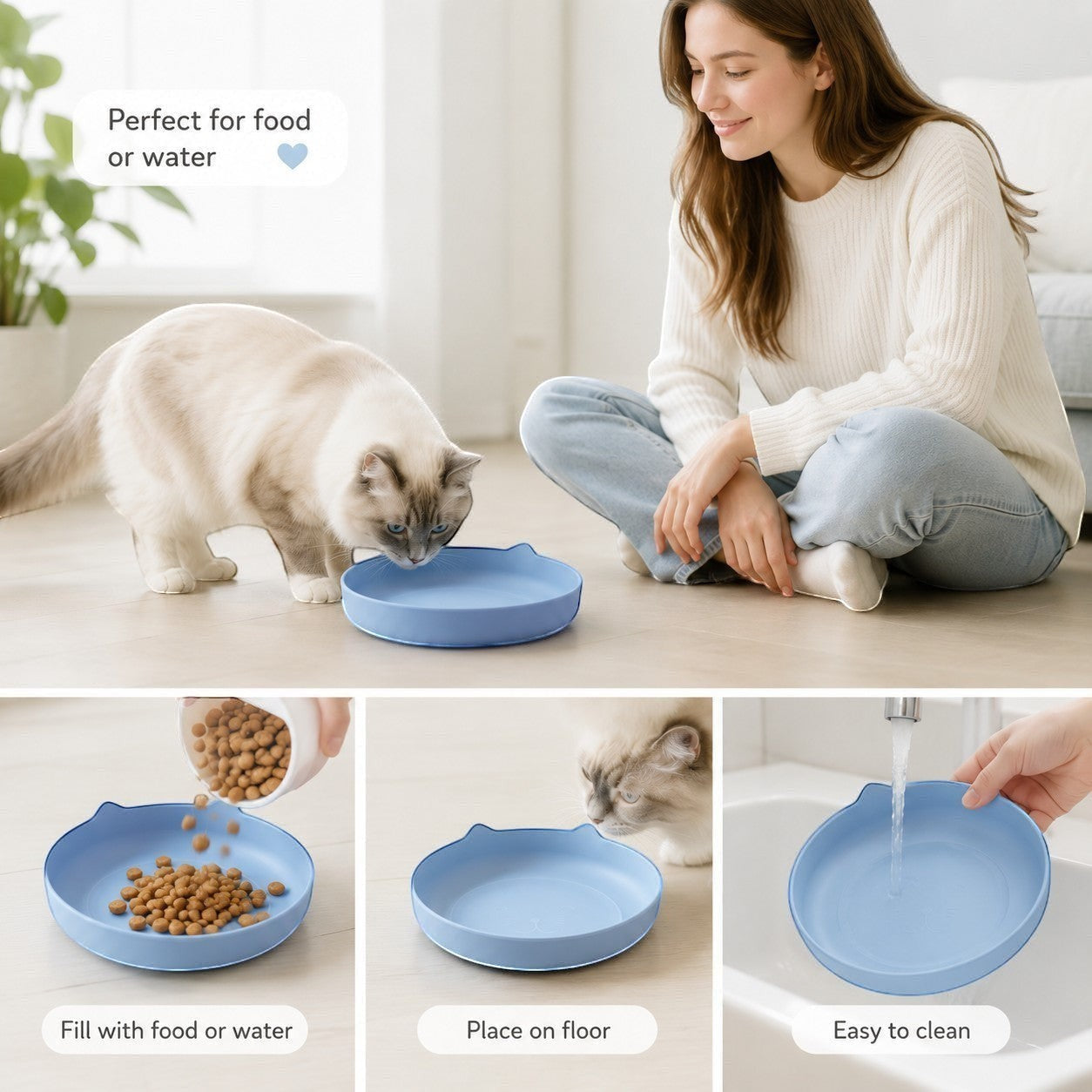 Tap2Own light blue cat shaped pet food and water bowl with shallow, wide design to reduce whisker fatigue.